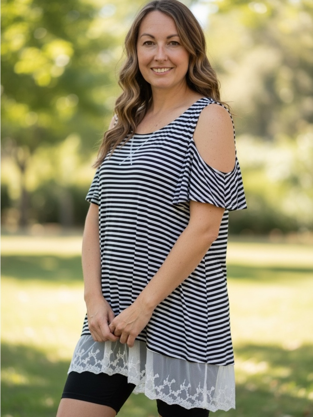 Umgee Black & White Striped Cold-Shoulder Tunic with Lace Trim